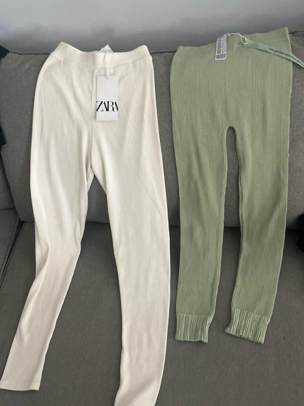 Zara Ribbed Leggings Set in Cream and Sage Green